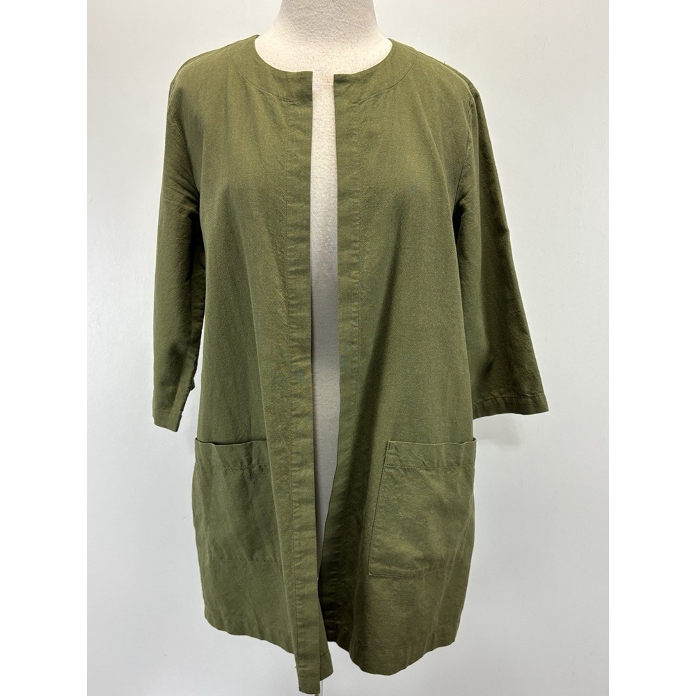 Eileen Fisher Organic Cotton Jacket Women's M Green Pockets Lagenlook Minimalist